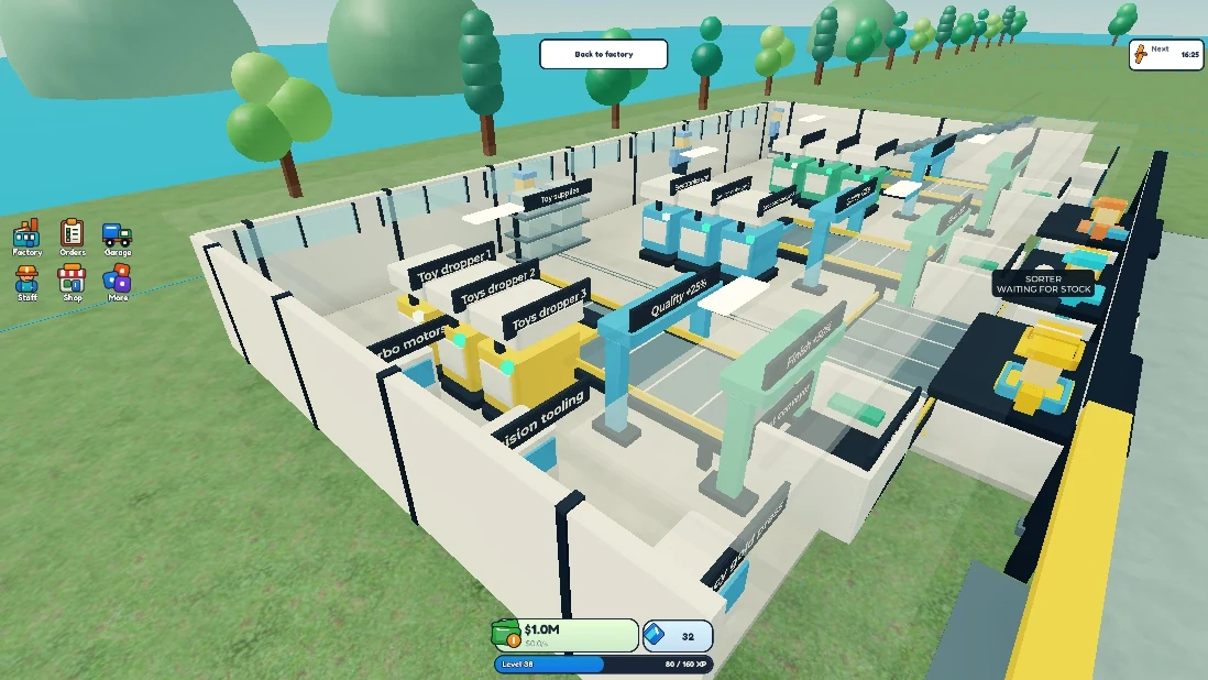 Factory Rush Tycoon: ausgebaute Testfabrik mit Maschinen, Förderwegen und Produktionslinien in Roblox Studio