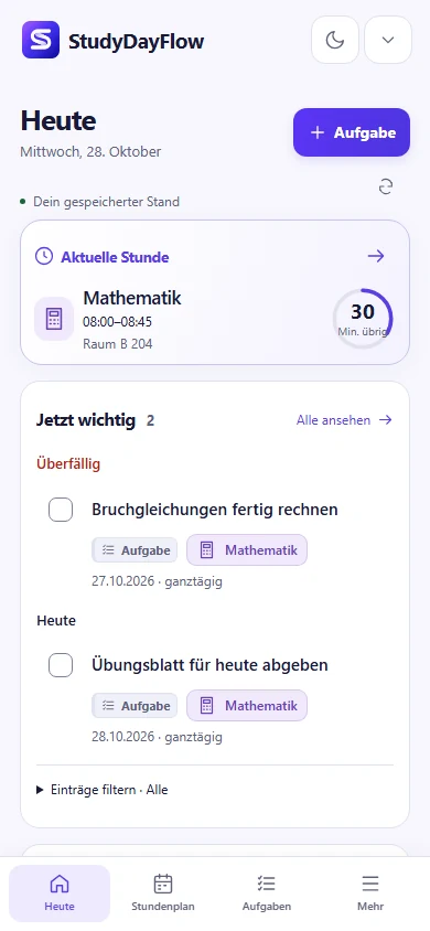 Mobile Heute-Ansicht von StudyDayFlow mit aktueller Stunde und zwei fiktiven Aufgaben