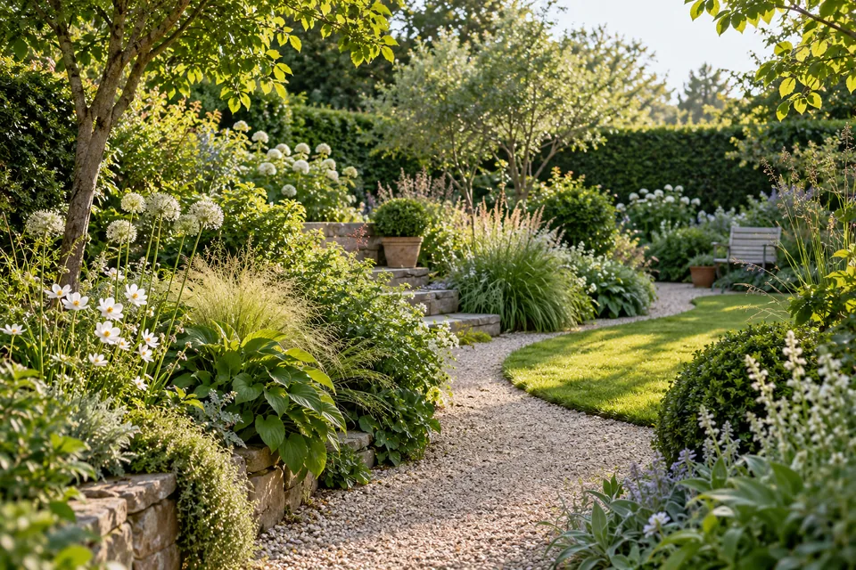 Illustrativer Garten mit Kiesweg, Stauden und gepflegter Grünfläche