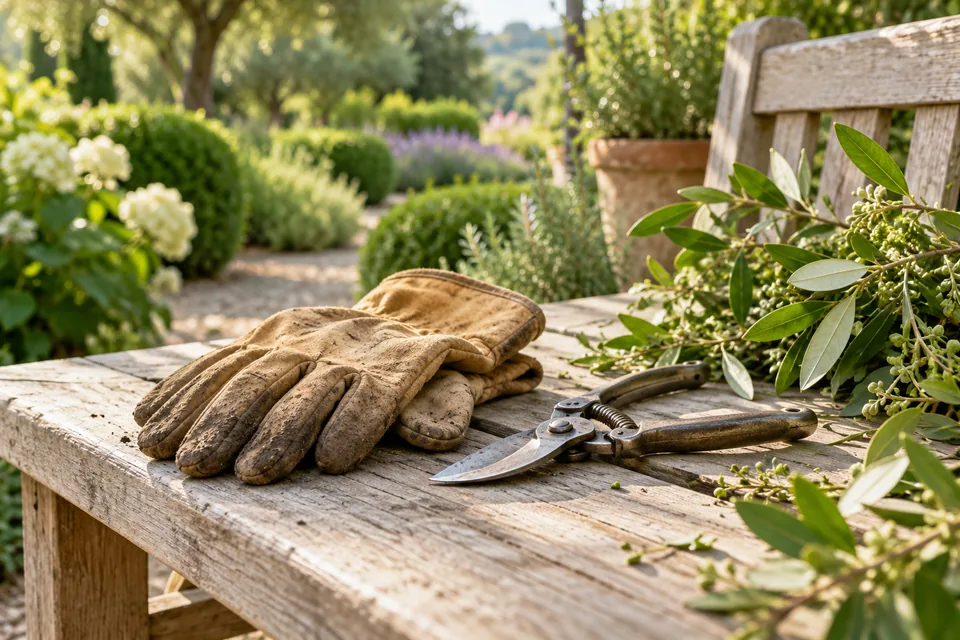 Gartenhandschuhe und Gartenschere auf einer hölzernen Bank